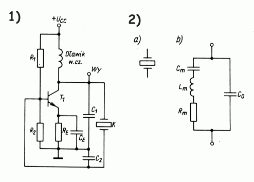 1) Generator Pierce'a 2) Symbol graficzny (a) i schemat zastpczy (b) rezonatora kwarcowego
