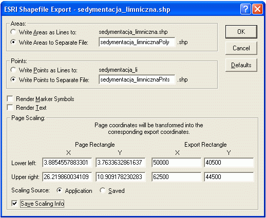 Okno dialogowe ESRI Shapefile Export