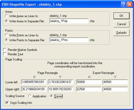 Okno dialogowe ESRI Shapefile Export