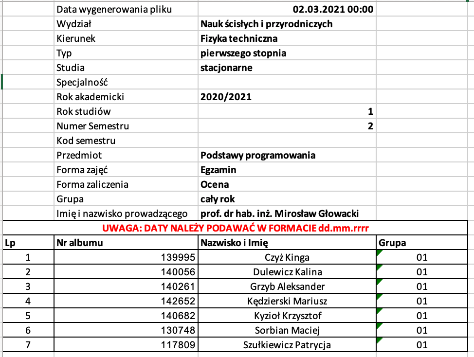 Format nr 1 listy studentów