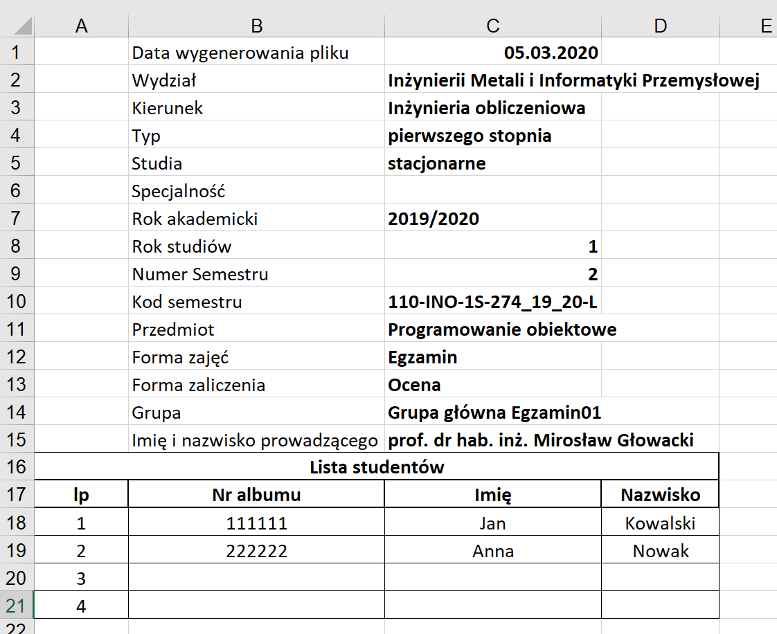 Format nr 2 listy studentów