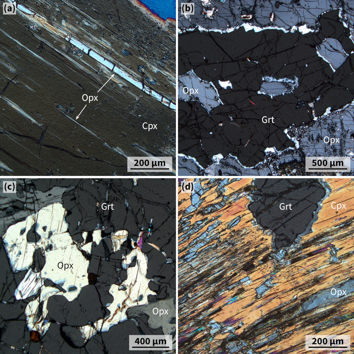 Photomicrographs that show inclusions in non-foliated coarsed grained Opx-bearing eclogite.