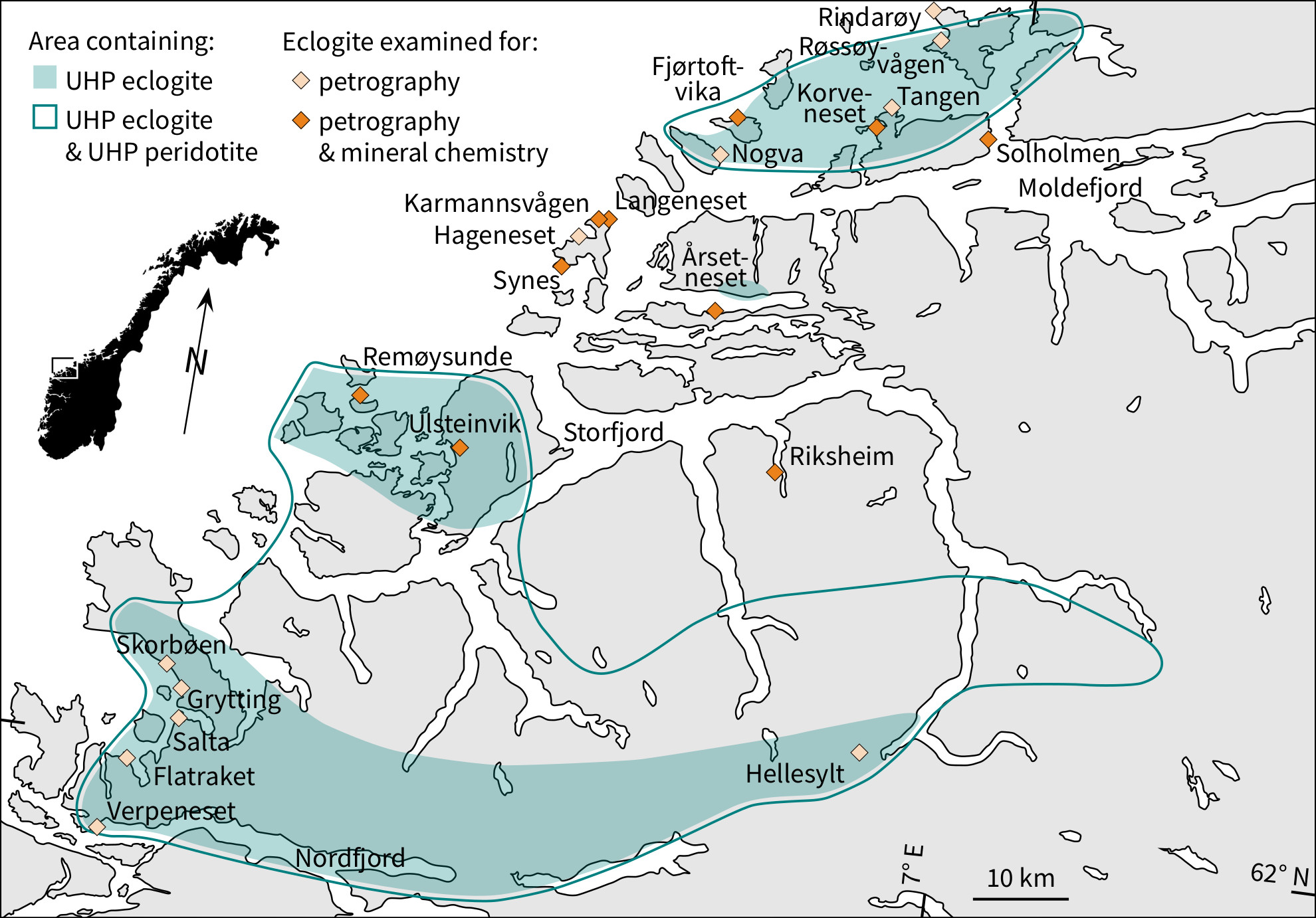 Simplified map of W Norway that shows the locations of eclogite samples being examined.