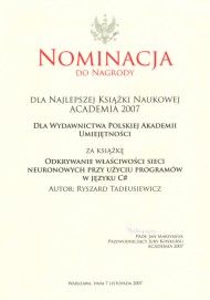 Nominacja do nagrody dla najlepszej książki naukowej Academia 2007