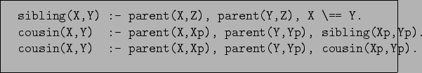 \begin{figure}\begin{verbatim}sibling(X,Y) :- parent(X,Z), parent(Y,Z), X \==...
...in(X,Y) :- parent(X,Xp), parent(Y,Yp), cousin(Xp,Yp).\end{verbatim}
\end{figure}