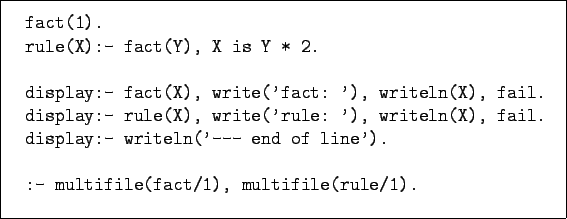 \begin{figure}\begin{verbatim}fact(1).
rule(X):- fact(Y), X is Y * 2.
dis...
...line').
:- multifile(fact/1), multifile(rule/1).\end{verbatim}
\end{figure}