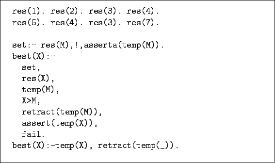 \begin{figure}\begin{verbatim}res(1). res(2). res(3). res(4).
res(5). res(4...
...mp(X)),
fail.
best(X):-temp(X), retract(temp(_)).\end{verbatim}
\end{figure}