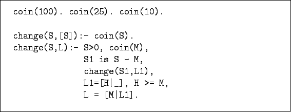 \begin{figure}\begin{verbatim}coin(100). coin(25). coin(10).
change(S,[S])...
...S1,L1),
L1=[H\vert _], H >= M,
L = [M\vert L1].\end{verbatim}
\end{figure}